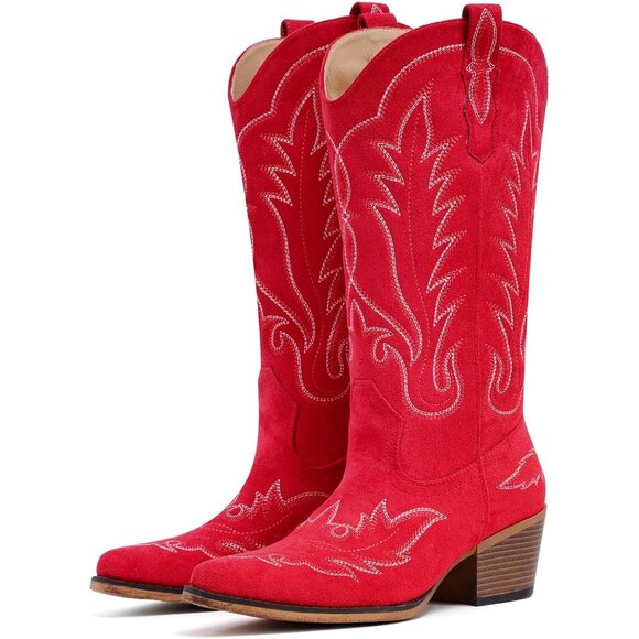 Shoes - Women Red Faux Suede Retro Snip Toe Chunky Block Heel Embroidered Western Boot